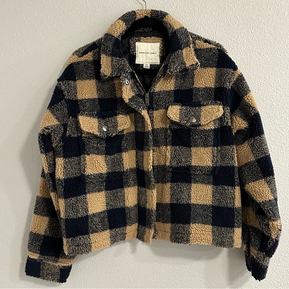 American Eagle Plaid Fuzzy Jacket/ Coat - Picture 3 of 8